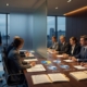 A professional editorial illustration depicting a modern corporate boardroom scene in Luxembourg. In the foreground, a lone data protection officer (Datenschutzbeauftragter) stands isolated at the edge of a long conference table, looking excluded while executives discuss documents without him. The table is covered with GDPR symbols, privacy shields, and legal folders. A large translucent barrier or “cold wall” symbolically separates the DPO from the decision-makers. Dim, cool blue lighting emphasizes isolation and tension, contrasted by warm executive lighting on the other side. Professional, serious atmosphere in a clean, contemporary office environment, realistic yet stylized, high detail, editorial magazine style.