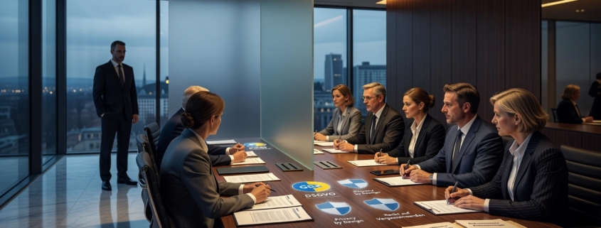 A professional editorial illustration depicting a modern corporate boardroom scene in Luxembourg. In the foreground, a lone data protection officer (Datenschutzbeauftragter) stands isolated at the edge of a long conference table, looking excluded while executives discuss documents without him. The table is covered with GDPR symbols, privacy shields, and legal folders. A large translucent barrier or “cold wall” symbolically separates the DPO from the decision-makers. Dim, cool blue lighting emphasizes isolation and tension, contrasted by warm executive lighting on the other side. Professional, serious atmosphere in a clean, contemporary office environment, realistic yet stylized, high detail, editorial magazine style.