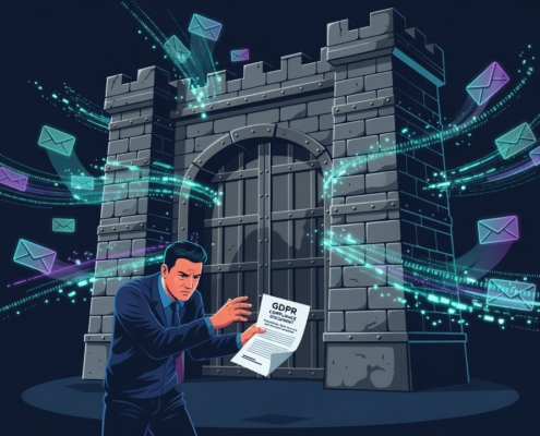 A professional editorial illustration showing a sturdy medieval fortress gate firmly closed, with glowing digital data streams and email icons bouncing off its walls. In the foreground, a former employee figure stands with an outstretched hand holding a GDPR document, looking frustrated. The fortress represents corporate protection of third-party rights and internal communications. Dark blue and steel gray color palette with subtle neon accents, clean vector style, symbolic and metaphorical, high contrast, editorial magazine aesthetic.