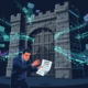 A professional editorial illustration showing a sturdy medieval fortress gate firmly closed, with glowing digital data streams and email icons bouncing off its walls. In the foreground, a former employee figure stands with an outstretched hand holding a GDPR document, looking frustrated. The fortress represents corporate protection of third-party rights and internal communications. Dark blue and steel gray color palette with subtle neon accents, clean vector style, symbolic and metaphorical, high contrast, editorial magazine aesthetic.