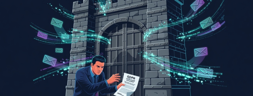 A professional editorial illustration showing a sturdy medieval fortress gate firmly closed, with glowing digital data streams and email icons bouncing off its walls. In the foreground, a former employee figure stands with an outstretched hand holding a GDPR document, looking frustrated. The fortress represents corporate protection of third-party rights and internal communications. Dark blue and steel gray color palette with subtle neon accents, clean vector style, symbolic and metaphorical, high contrast, editorial magazine aesthetic.