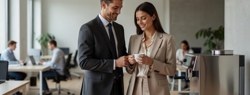 A professional office environment in modern Austria, two colleagues in business attire sharing a subtle, affectionate moment by the coffee machine in an open-plan workspace. Soft natural light filters through large windows, other employees blurred in the background focused on their tasks. The scene conveys warmth, discretion, and everyday romance without disrupting the professional atmosphere. Clean, editorial photographic style with realistic details and neutral color palette.