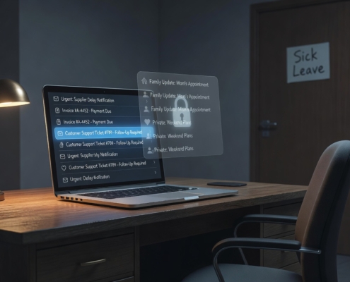 A professional, realistic illustration in a modern editorial style showing a dimly lit office at night. On a wooden desk sits an open laptop displaying an email inbox with a mix of business messages (subject lines about suppliers, invoices, and customer inquiries) and a few clearly private ones (marked subtly with family icons). A semi-transparent overlay of a locked padlock and faint privacy barrier hovers over the private emails, while business-related messages glow softly in blue. In the background, a closed office door with a "sick leave" sign and an empty chair convey absence. The color palette is cool blues, grays, and warm amber from a desk lamp, creating a tense yet balanced atmosphere between business necessity and data privacy. No text, logos, or people are visible. Cinematic lighting, clean composition, high detail.