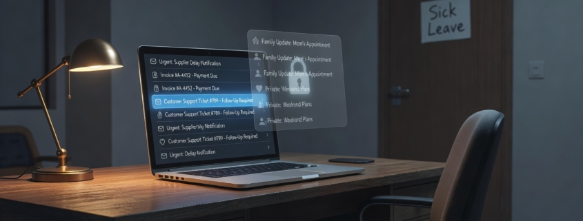 A professional, realistic illustration in a modern editorial style showing a dimly lit office at night. On a wooden desk sits an open laptop displaying an email inbox with a mix of business messages (subject lines about suppliers, invoices, and customer inquiries) and a few clearly private ones (marked subtly with family icons). A semi-transparent overlay of a locked padlock and faint privacy barrier hovers over the private emails, while business-related messages glow softly in blue. In the background, a closed office door with a "sick leave" sign and an empty chair convey absence. The color palette is cool blues, grays, and warm amber from a desk lamp, creating a tense yet balanced atmosphere between business necessity and data privacy. No text, logos, or people are visible. Cinematic lighting, clean composition, high detail.
