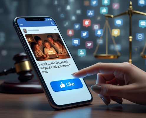 A realistic editorial illustration in a clean, modern style depicting a subtle social media scene: a glowing smartphone screen showing a Facebook-style post with a family celebration photo and an insulting comment below it. A woman's hand with manicured nails hovers over the blue "Like" thumbs-up button, which is highlighted but not yet clicked. The background shows faint, blurred courtroom elements like a gavel and legal scales merging into digital notification icons, symbolizing the gray area between online gestures and law. Cool blue and gray tones with sharp focus on the interaction, evoking tension and legal ambiguity without any text, logos, or captions. Cinematic lighting, high detail, editorial magazine aesthetic.