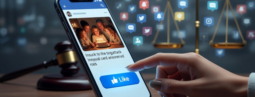 A realistic editorial illustration in a clean, modern style depicting a subtle social media scene: a glowing smartphone screen showing a Facebook-style post with a family celebration photo and an insulting comment below it. A woman's hand with manicured nails hovers over the blue "Like" thumbs-up button, which is highlighted but not yet clicked. The background shows faint, blurred courtroom elements like a gavel and legal scales merging into digital notification icons, symbolizing the gray area between online gestures and law. Cool blue and gray tones with sharp focus on the interaction, evoking tension and legal ambiguity without any text, logos, or captions. Cinematic lighting, high detail, editorial magazine aesthetic.