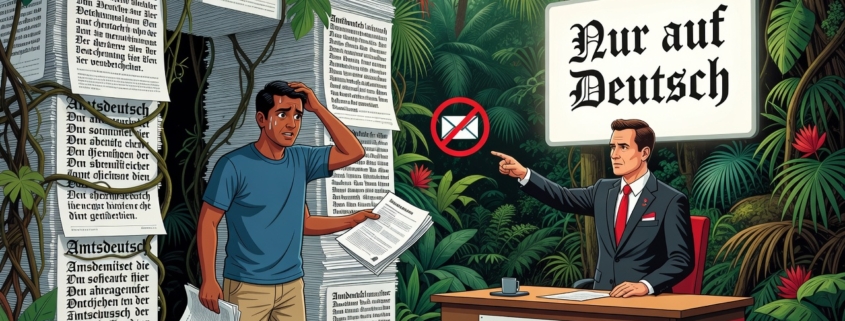 **Image generation prompt:** Create a satirical editorial illustration in a clean, modern infographic style with subtle humor. A frustrated Indian man in casual clothing stands at the entrance of a dense, overgrown jungle made entirely of towering paragraphs, legal paragraphs, and bureaucratic forms written in German Amtsdeutsch. He holds out documents in English and Portuguese, looking confused. A stern Austrian official in a suit, standing behind a desk labeled “Datenschutzbehörde”, points to a large glowing sign that reads “Nur auf Deutsch” in bold Gothic-style lettering. In the background, a small email icon is crossed out with a red prohibition symbol. The color palette is official Austrian red-white-red combined with deep jungle greens. The atmosphere is both bureaucratic and slightly absurd, emphasizing language as a barrier. No readable small text, no logos, editorial illustration style.